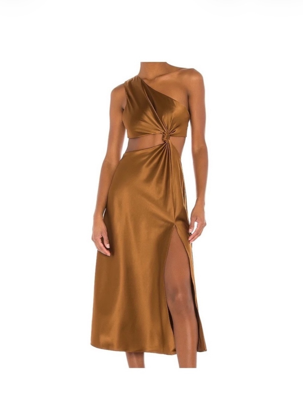 LPA One-Shoulder Satin Dress in Copper Brown with Cutout